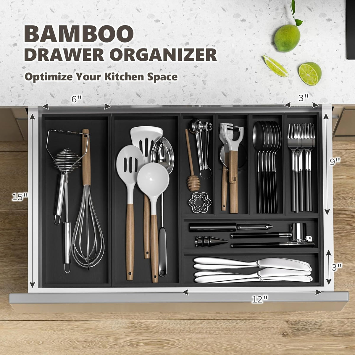 Kitchen Drawer Organizer Tray, Stackable Black Bamboo Drawer Organizer for Large Silverware