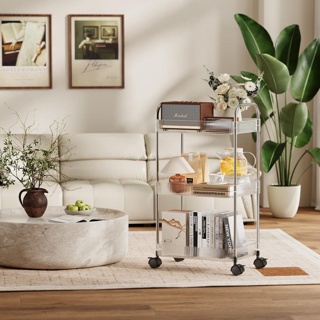 STARLATTA 3 Tier Rolling Cart with Lockable Wheels, Clear Acrylic Utility Trolley with Handle