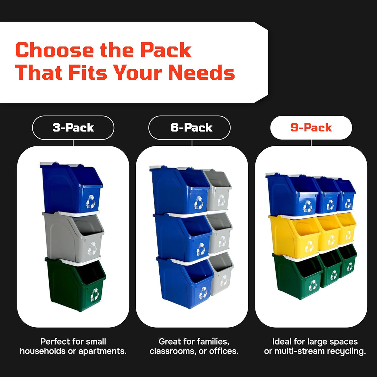 Multi Bin Recycling System with Nine Stackable 6 Gallon Recycle Bins to Build Your Recycling Center