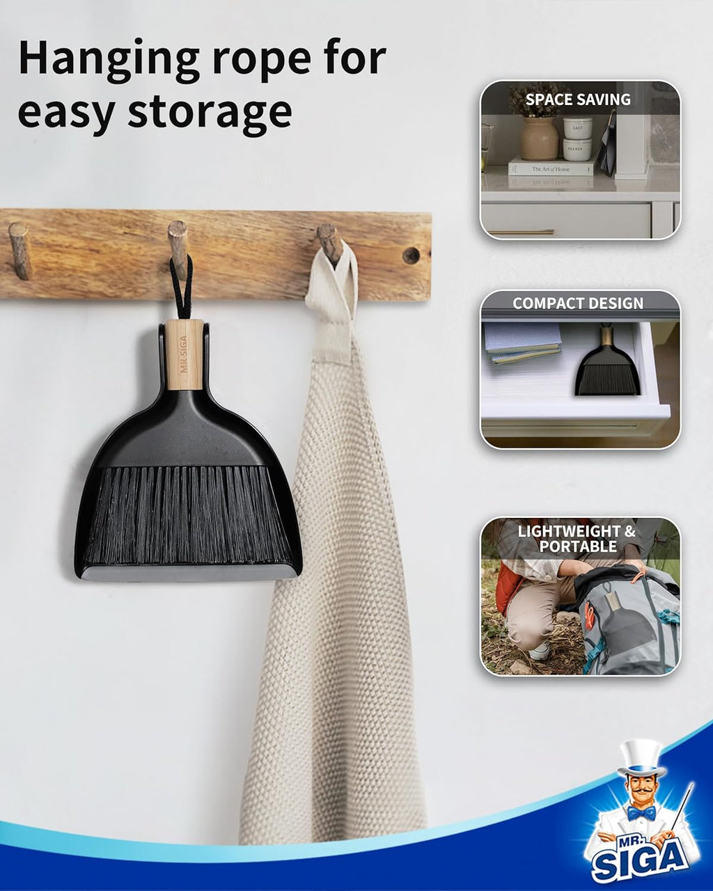 MR.SIGA Mini Dustpan and Brush Set, Portable Cleaning Brush and Dustpan Combo with Bamboo Handle