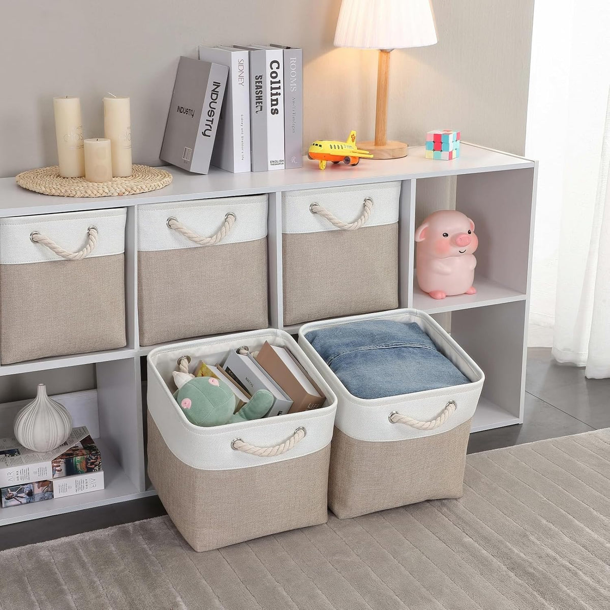 Mangata Canvas Storage Boxes, 13 Inch Cube Storage Bins Set of 6, Fabric Baskets with Cotton Rope