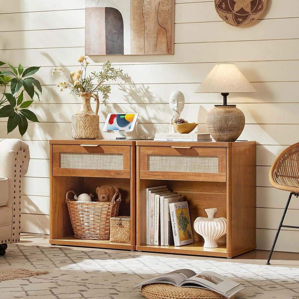 LEYAOYAO Rattan Nightstand with Charging Station, 23" Wide Boho Night Stand with Drawer, Natural