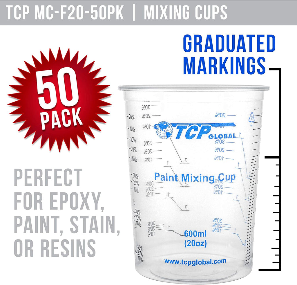 TCP Global 20 oz. (600ml) Graduated Plastic Mixing Cups - Box of 50 with 50 Mixing Sticks