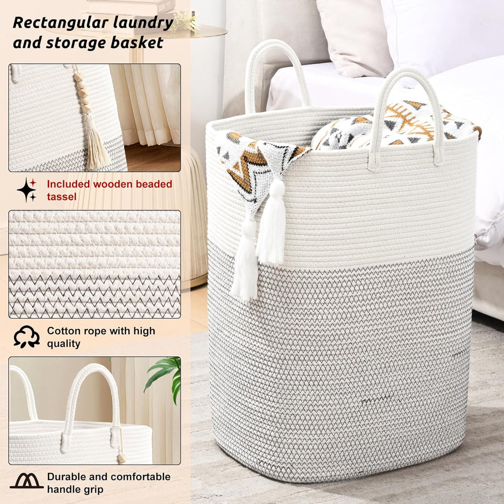 Woven Laundry Basket for Clothes, 50 L Large Rectangle Laundry Hampers with Beads Tassel, Nursery