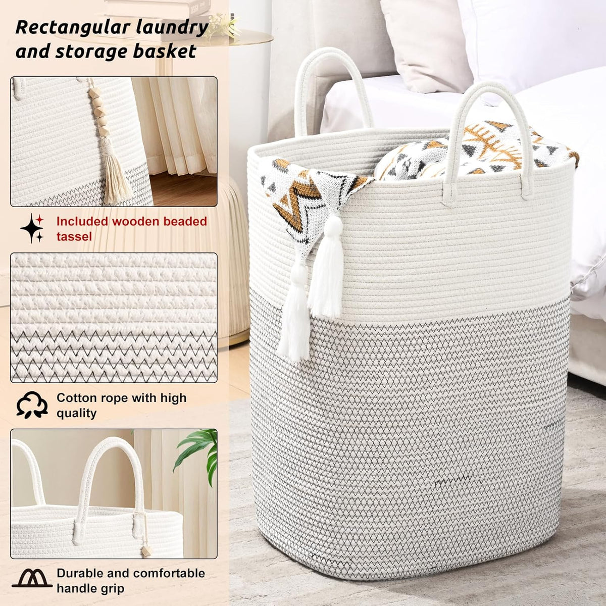 Woven Laundry Basket for Clothes, 50 L Large Rectangle Laundry Hampers with Beads Tassel, Nursery