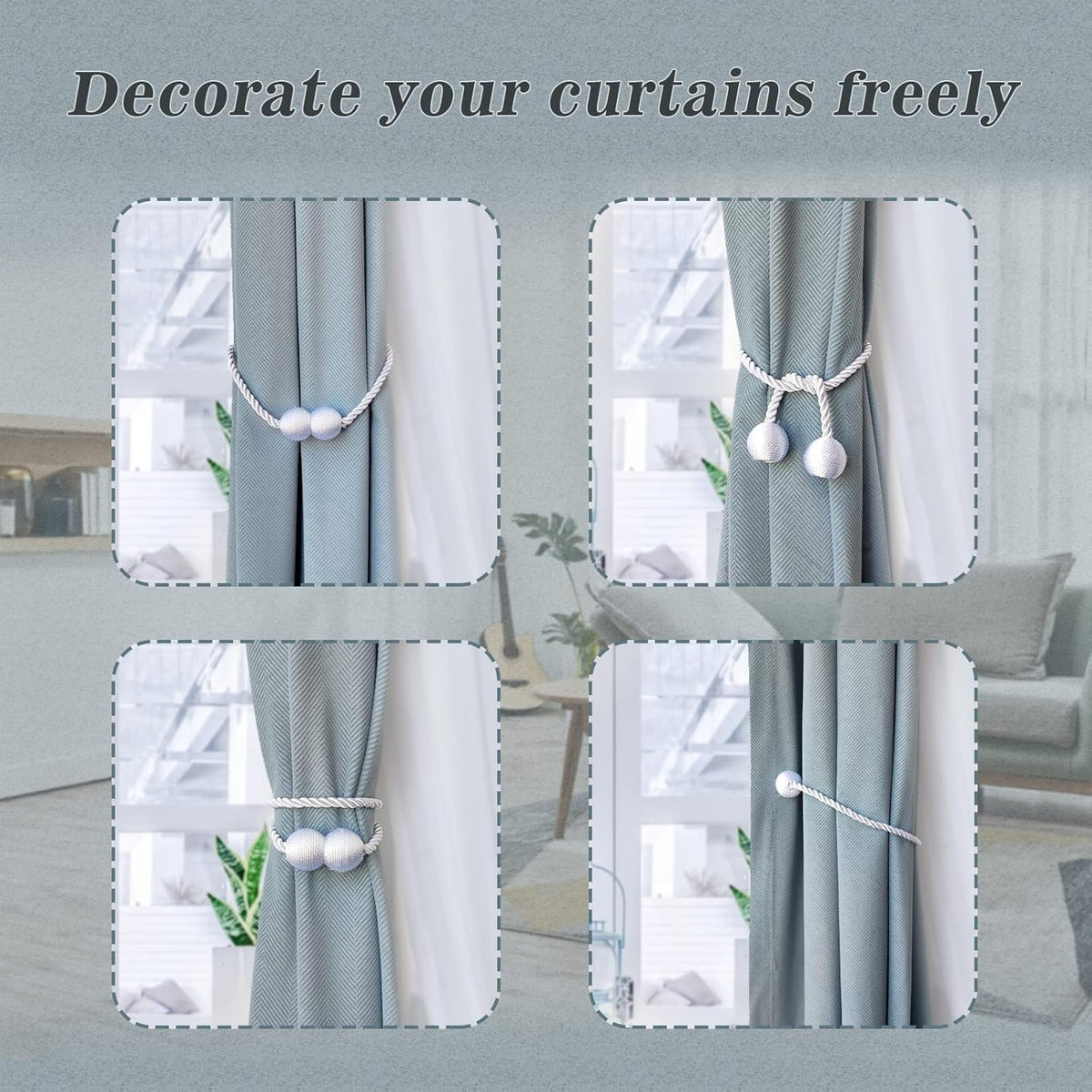 Hion Magnetic Curtain Tiebacks White 4 Pack, Curtain Tiebacks Buckles Holdbacks Holders Hooks Clip