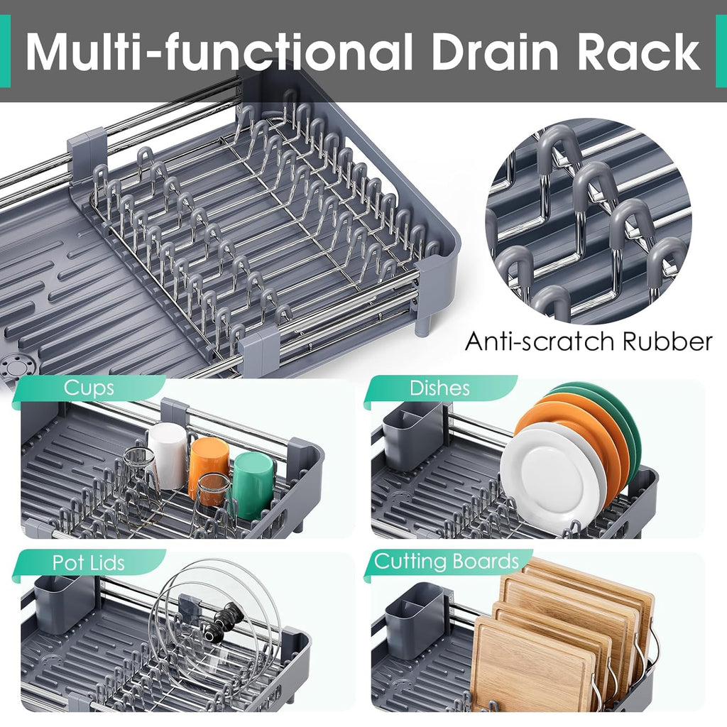 Dish Drying Rack for Kitchen Counter, Extendable Dish Rack with Drainboard, Expandable Dish