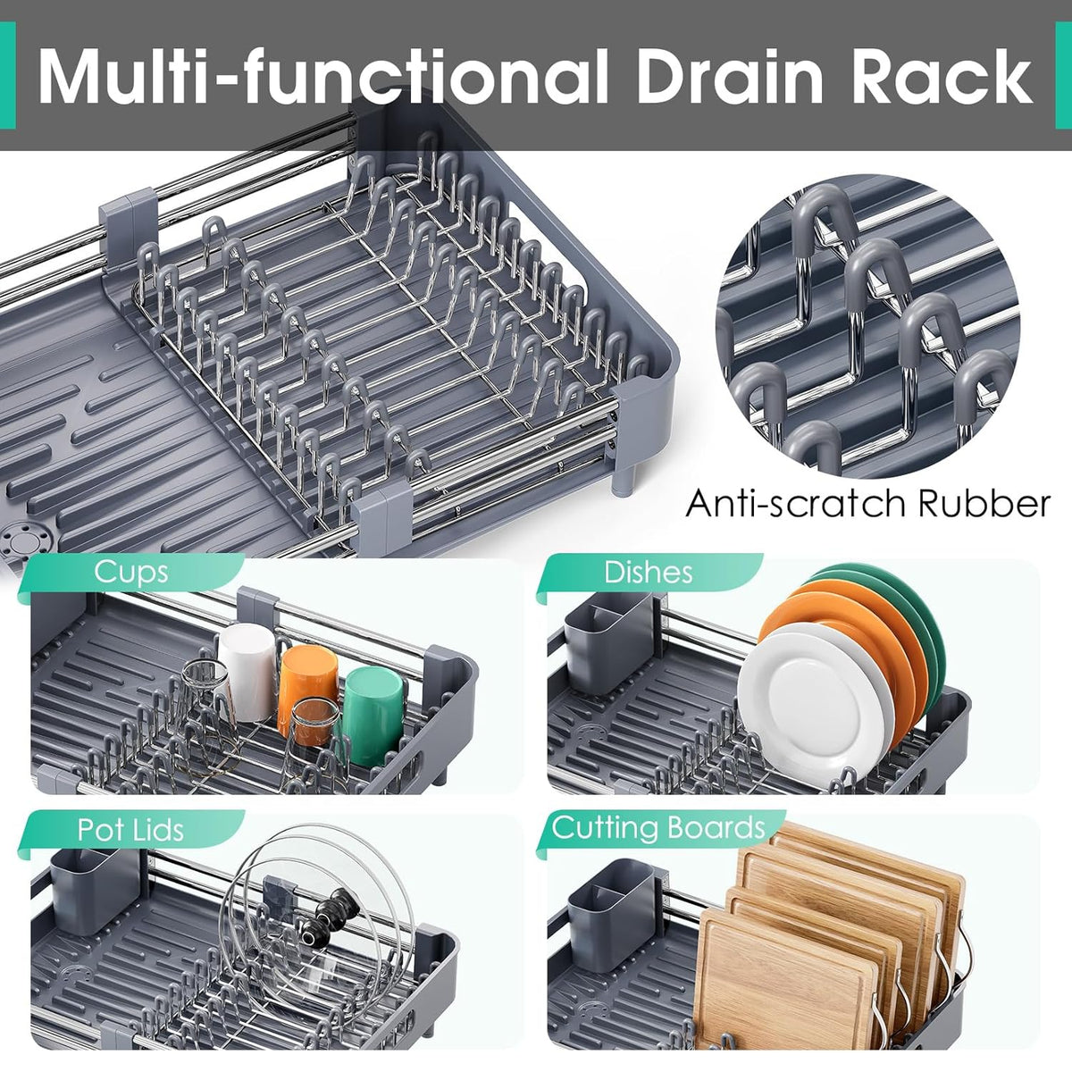 Dish Drying Rack for Kitchen Counter, Extendable Dish Rack with Drainboard, Expandable Dish