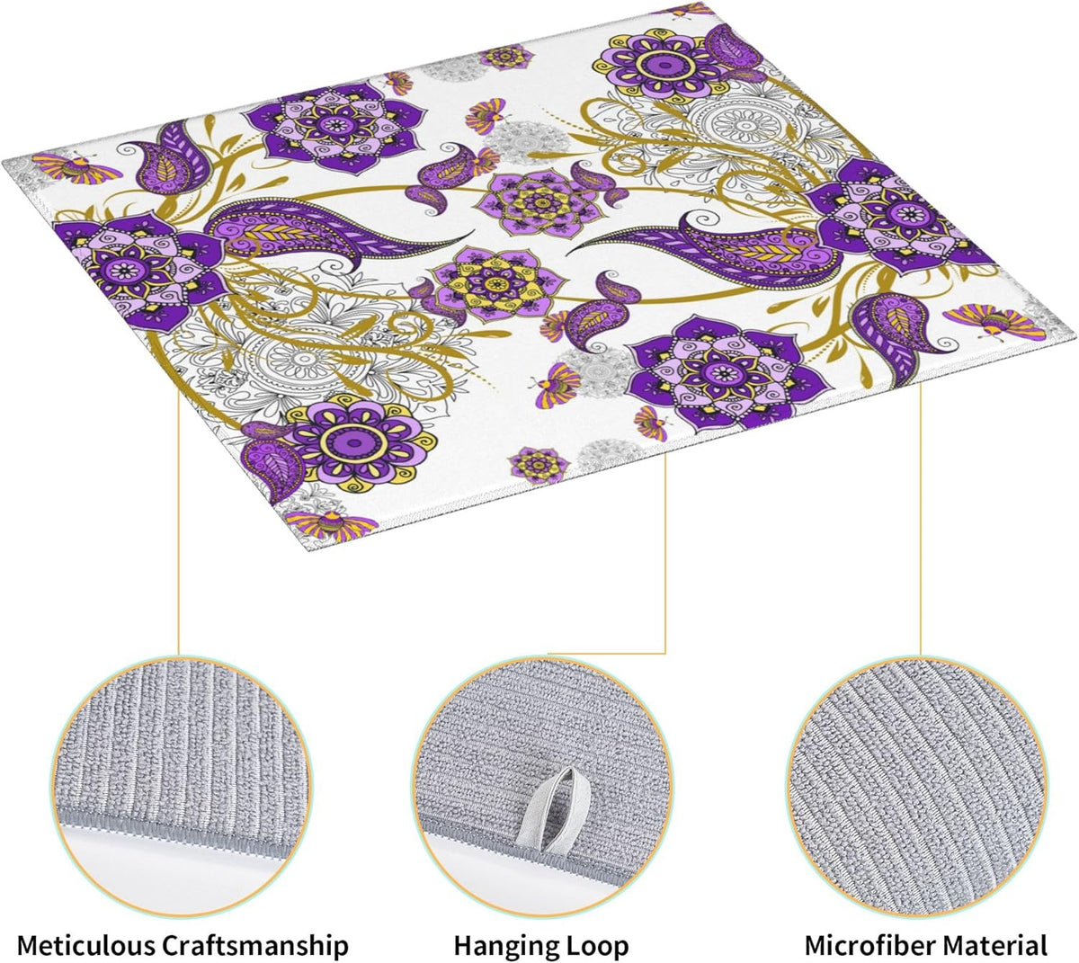 Boho Floral Dish Drying Mat for Kitchen Counter Washable Absorbent Reversible Microfiber Purple