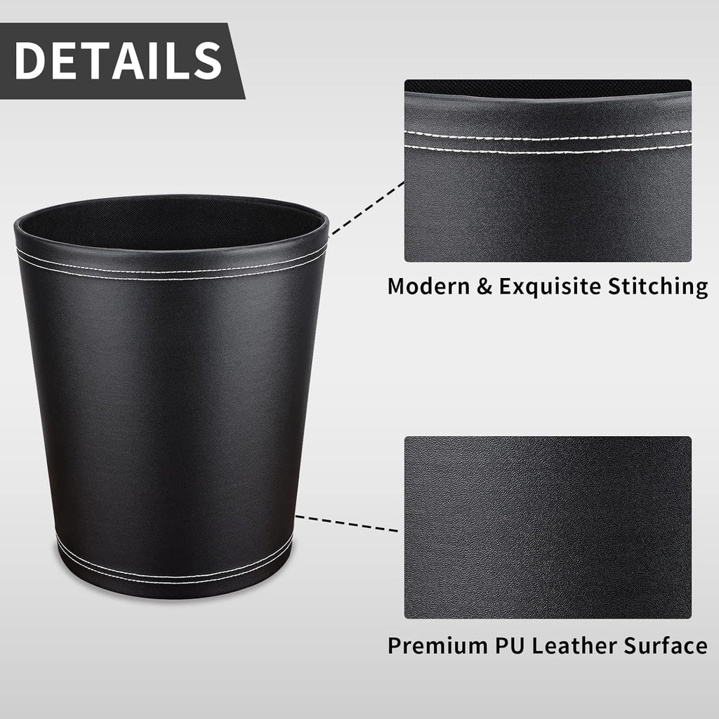 Pu Leather Trash Can, 2.6 Gallon Black Bathroom Trash Can, Small Office Garbage Can Wastebasket for