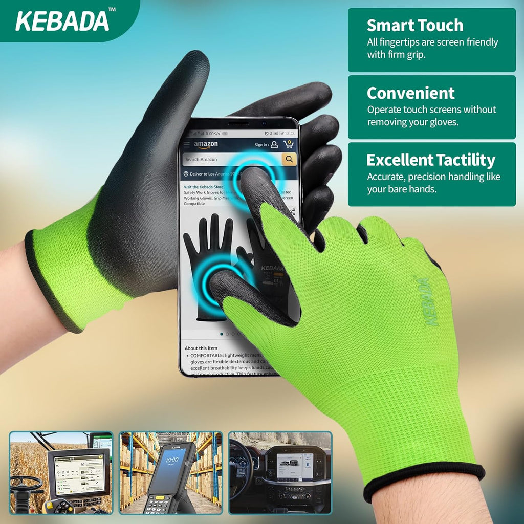 Kebada W1 Work Gloves for Men and Women, Touchscreen PU Coated Gloves with Grip, 50 Pairs Bulk
