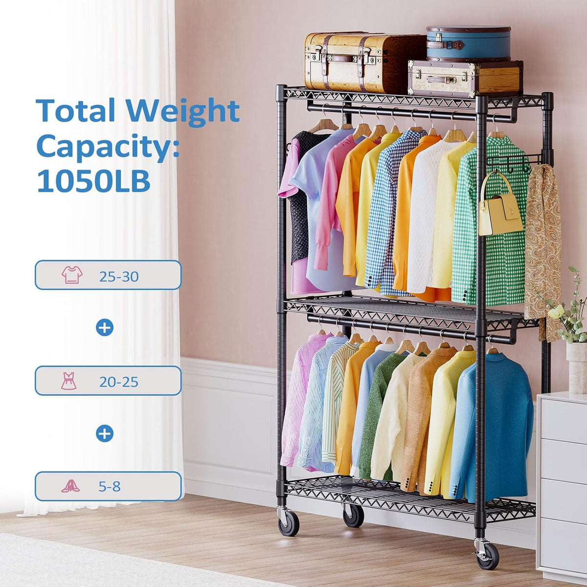 IZEUK 3 Tier Heavy Duty Rolling Garment Rack Wire Clothes Rack for Hanging Clothes, Metal