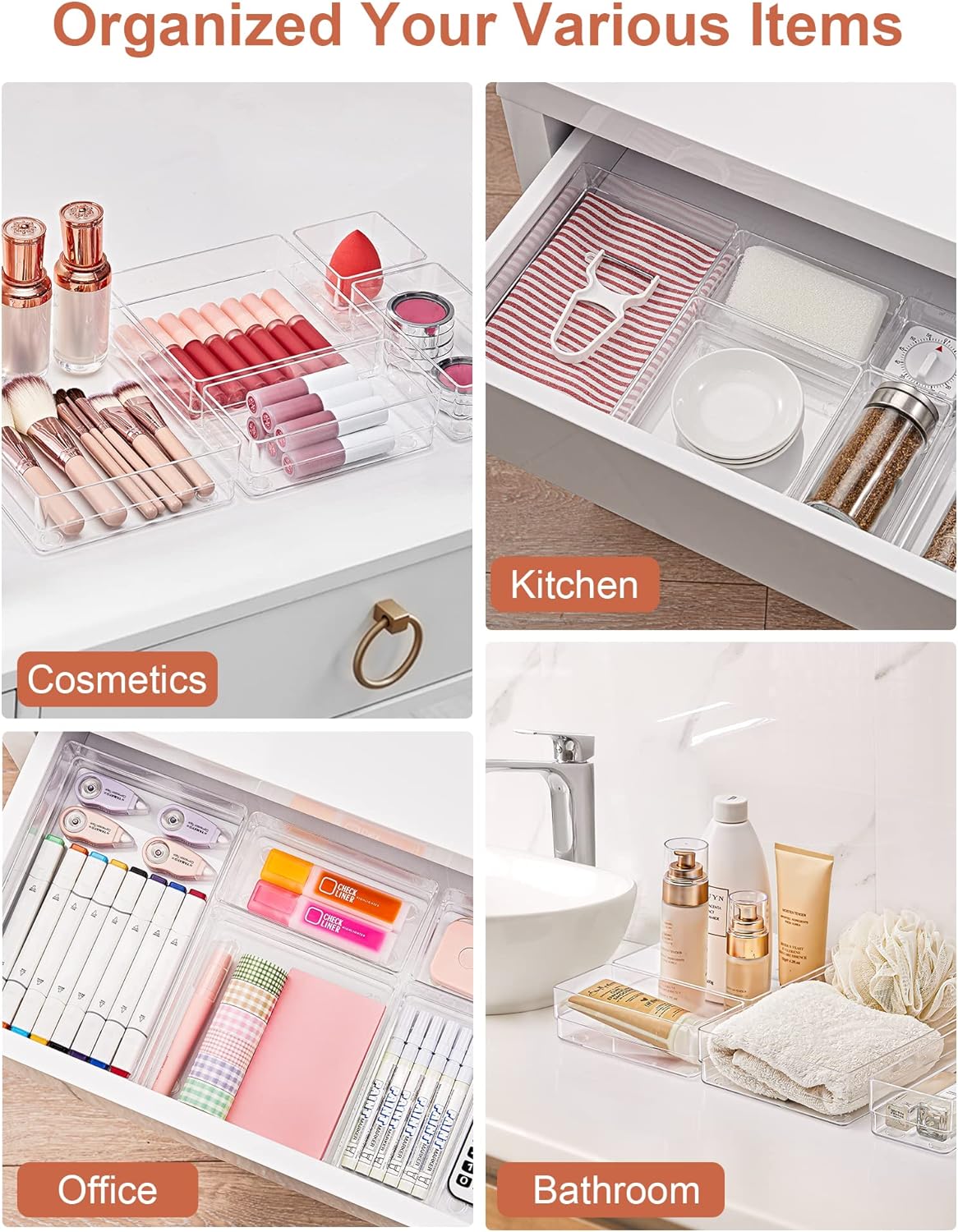 SMARTAKE 16-Piece Drawer Organizer with Non-Slip Silicone Pads, 5-Size Desk Storage Tray for