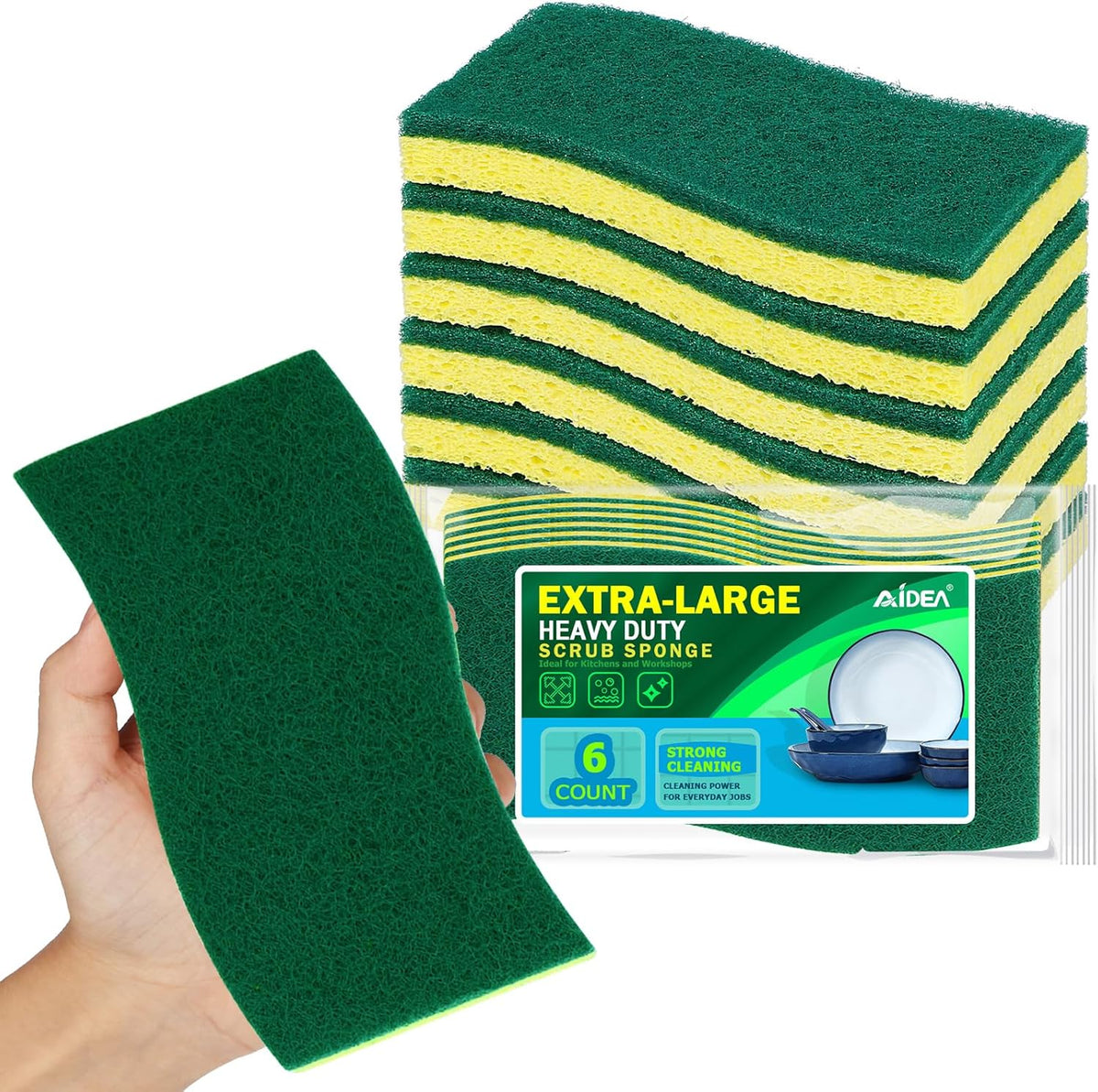 AIDEA XL Scrub Sponges 6Count, Heavy Duty Sponges for Dishes, Extra Large Sponge for Cleaning