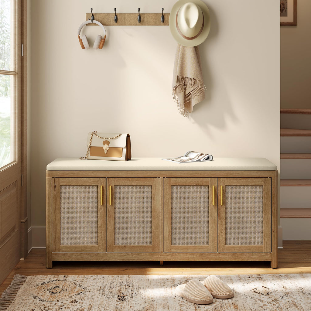 VASAGLE ELLAN Collection - Boho Shoe Bench with Cushion, Entryway Storage Bench with 4 Rattan-Look