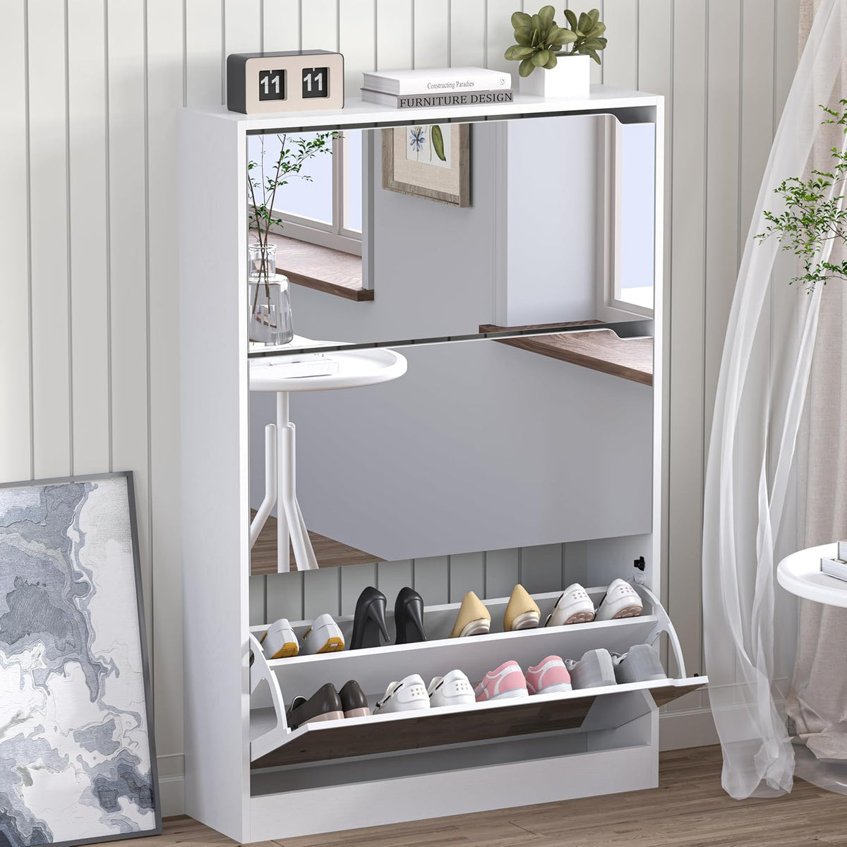 Shoe Cabinet with 3-Flip Mirror Drawers, Freestanding Shoe Rack Organizer with Hidden Handle, Slim