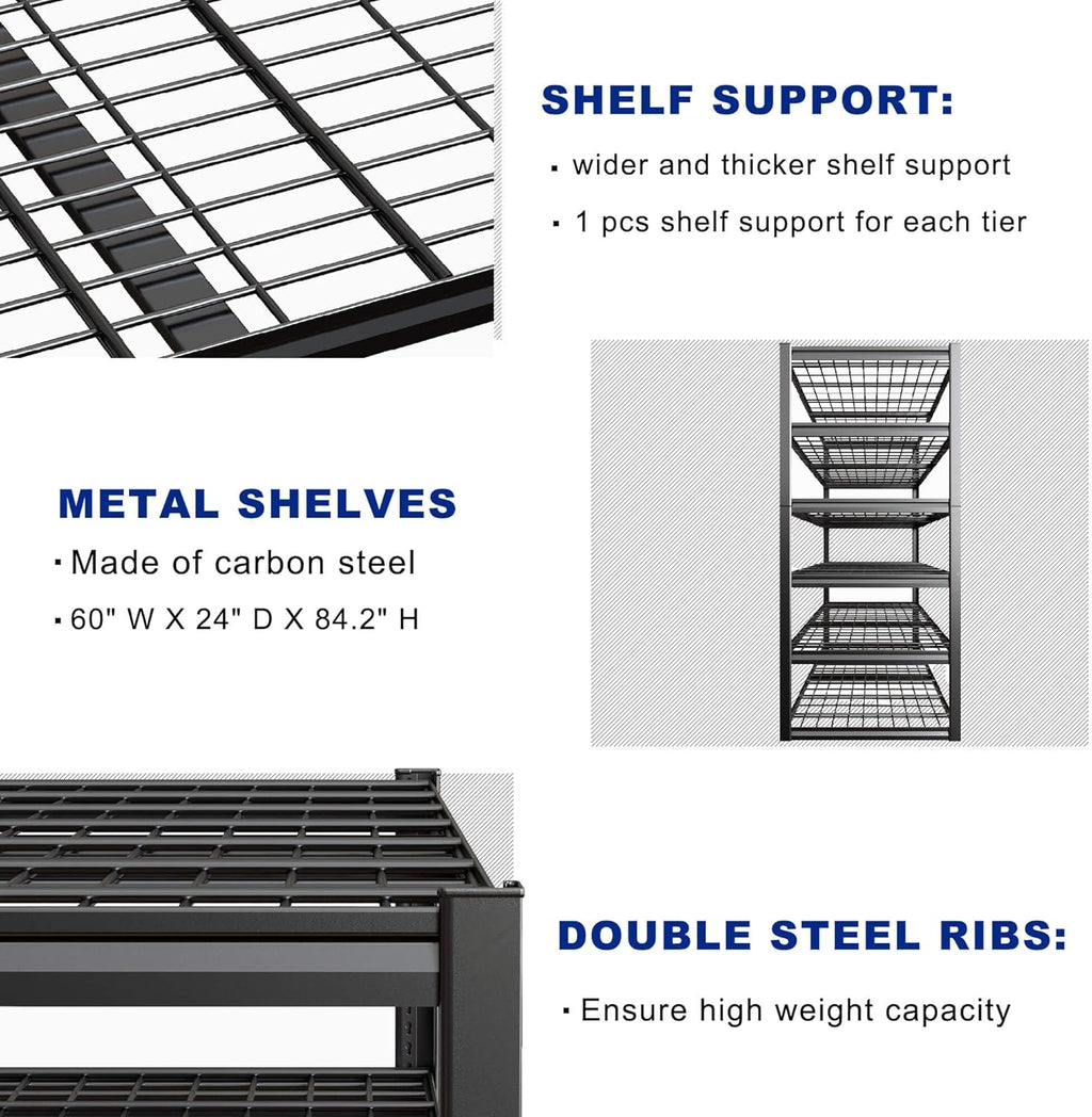 60" Wide Heavy Duty Garage Shelving Adjustable 6 Tier Garage Storage Shelves 3900LBS Metal Shelving