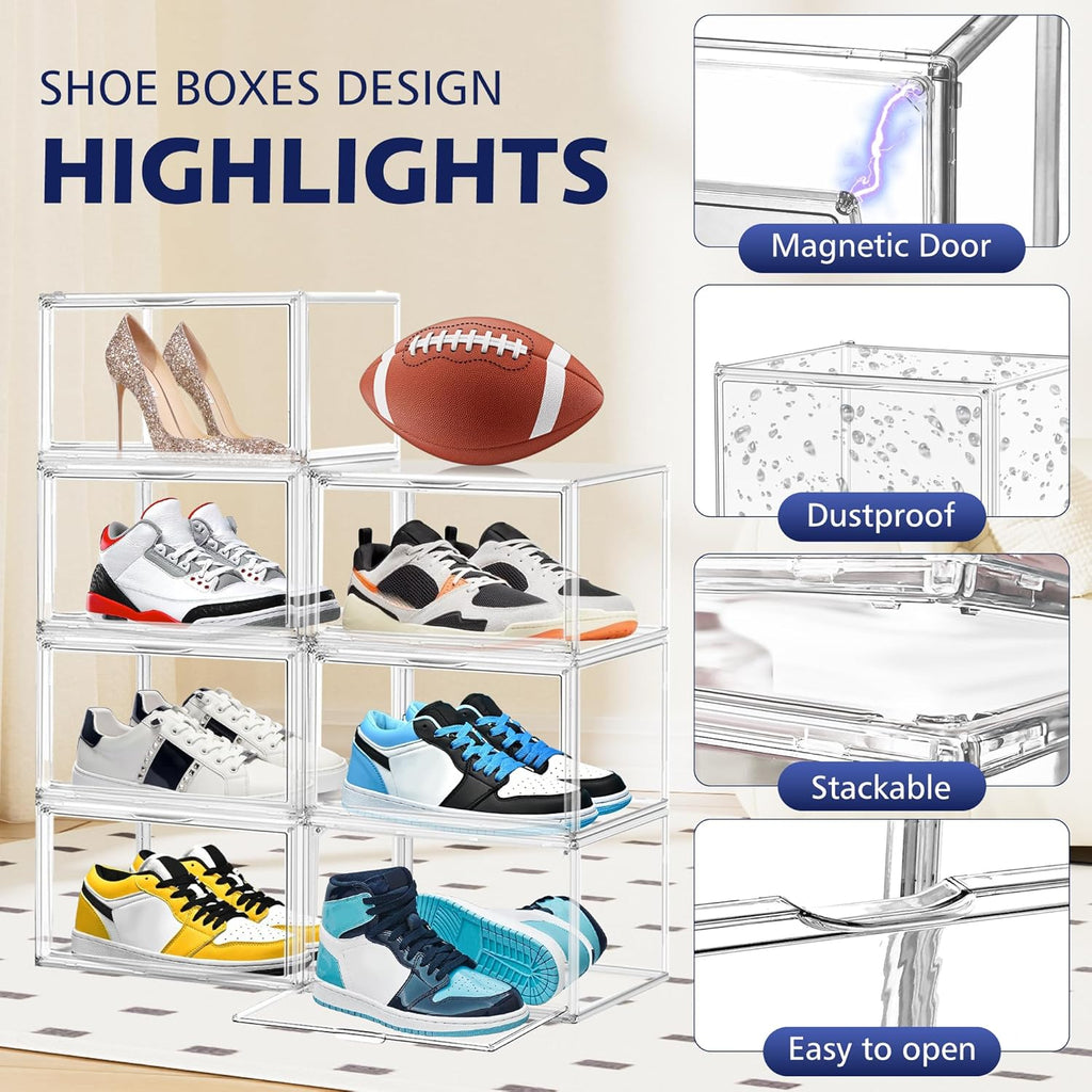 12 Pack Shoe Organizer Clear Plastic Stackable Shoe Storage Boxes with Magnetic Lid Acrylic Display