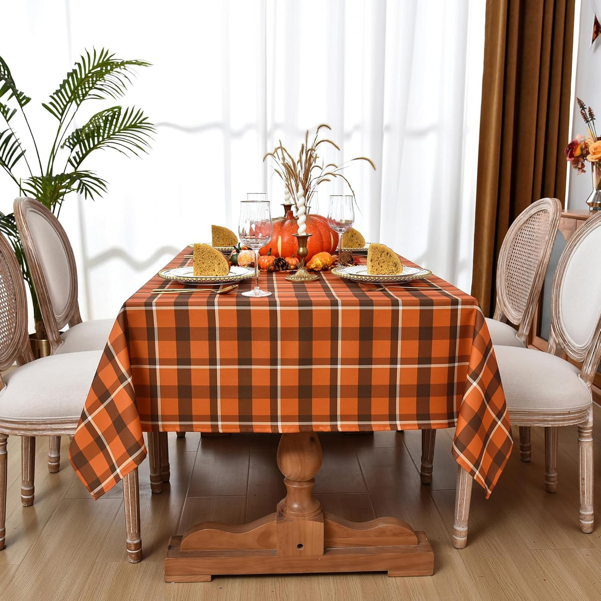 Waterproof Plaid Tablecloth Fabric - Square 58x58 Inch Classic Gingham Checker Thanksgiving Table