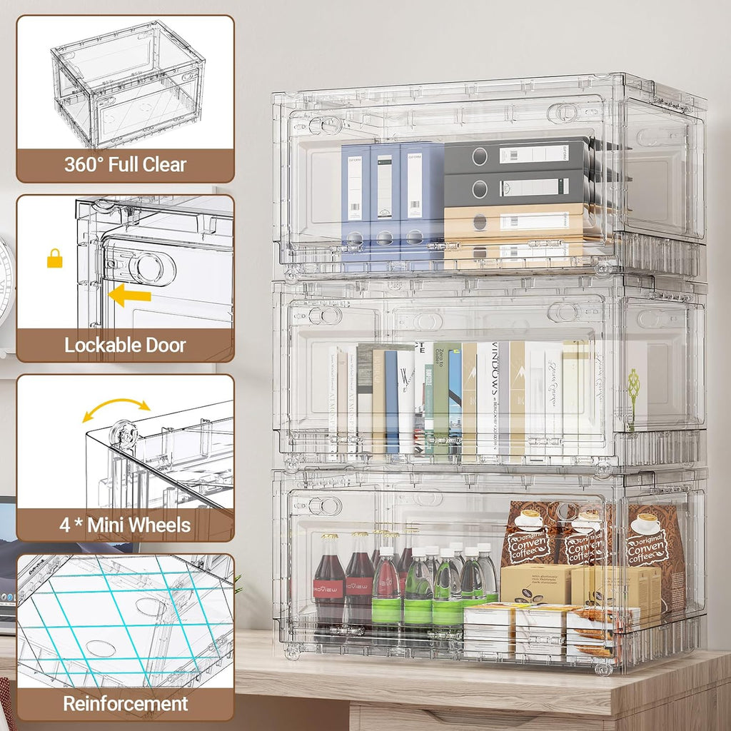 BROVIEW Clear Stackable Storage Bins Drawers, Open Front Large Plastic Storage Bins with Lids