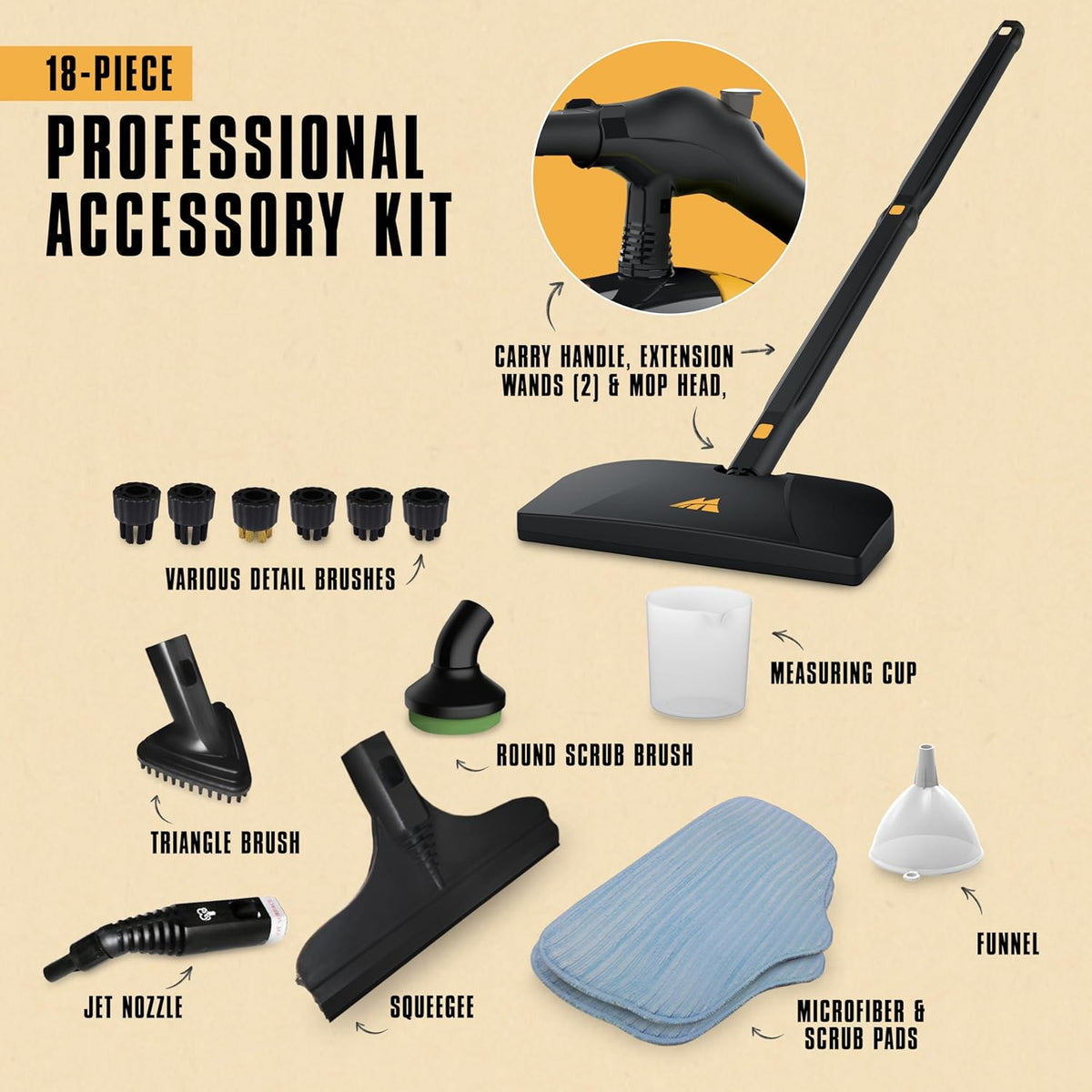 McCulloch MC1275 Heavy-Duty Steam Cleaner, 45 Minute Runtime, 18 Accessories: Mop Head, Brushes, &