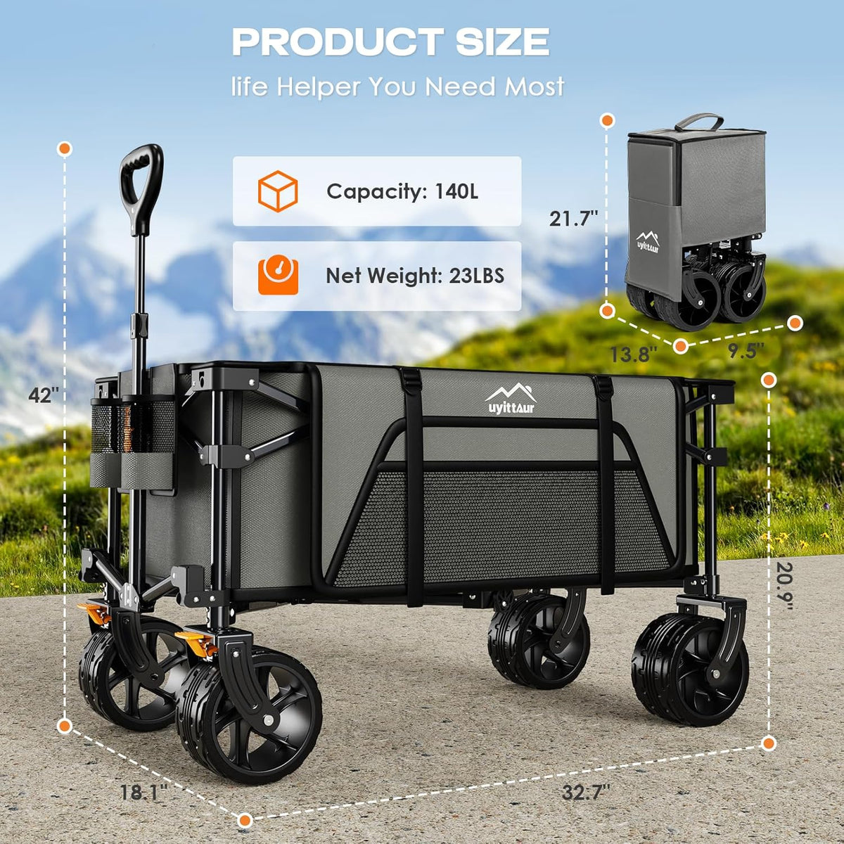 Collapsible Wagon Cart Heavy Duty Foldable, Folding Beach Wagon with Big Wheels for Sand, Utility