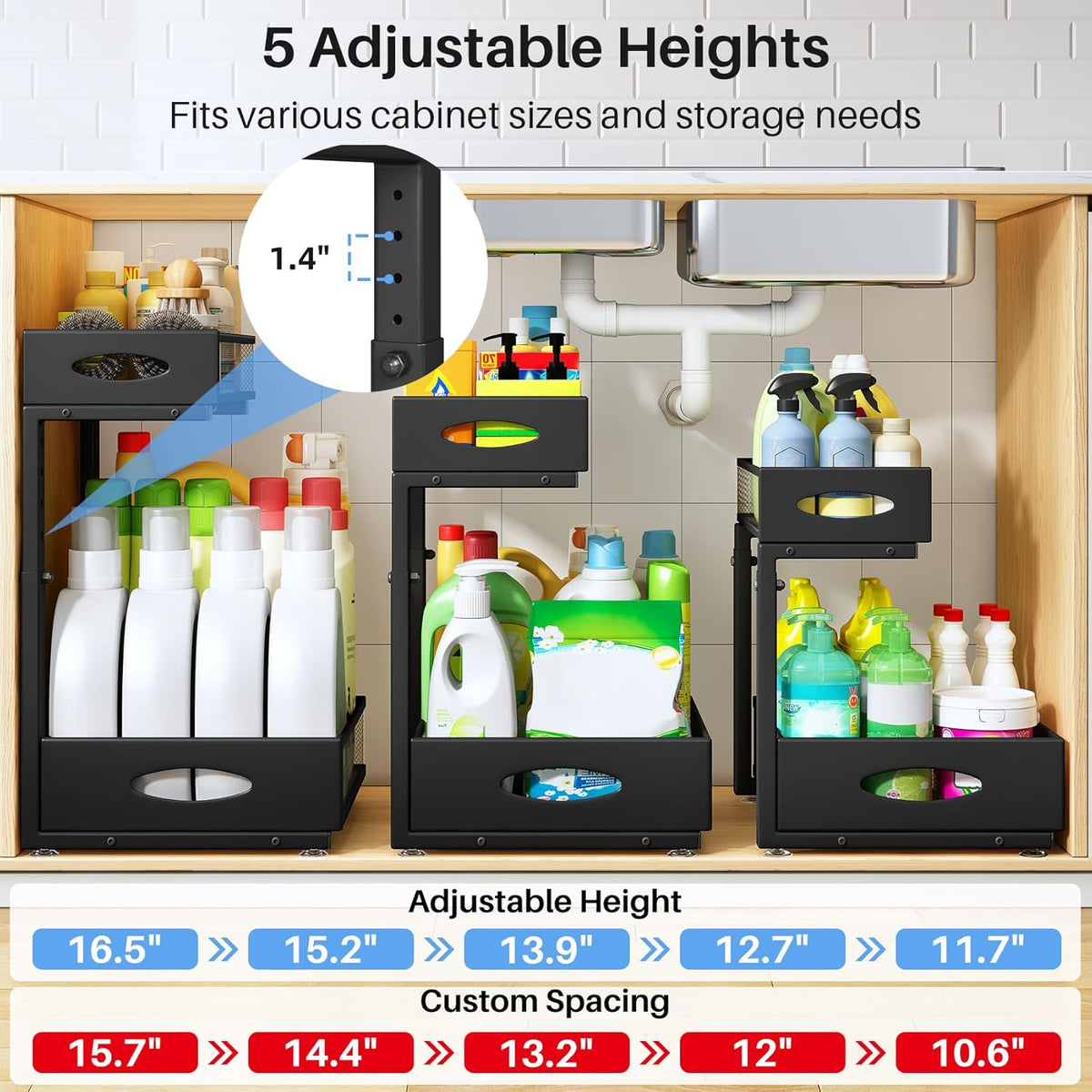 Under Sink Organizer, 2 Tier Pull Out Under Cabinet Organizer Shelf with Pad for Framed Cabinets