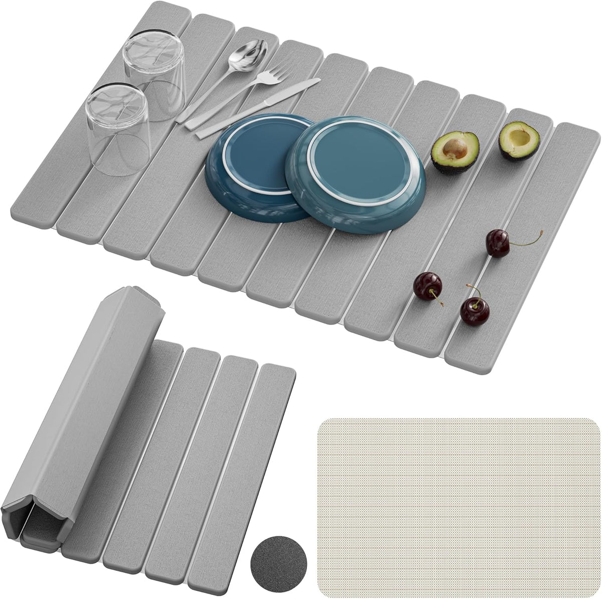 Large Stone Dish Drying Mats for Kitchen Counter – Foldable Quick Dry Stone Mat with Non-Slip Pad &