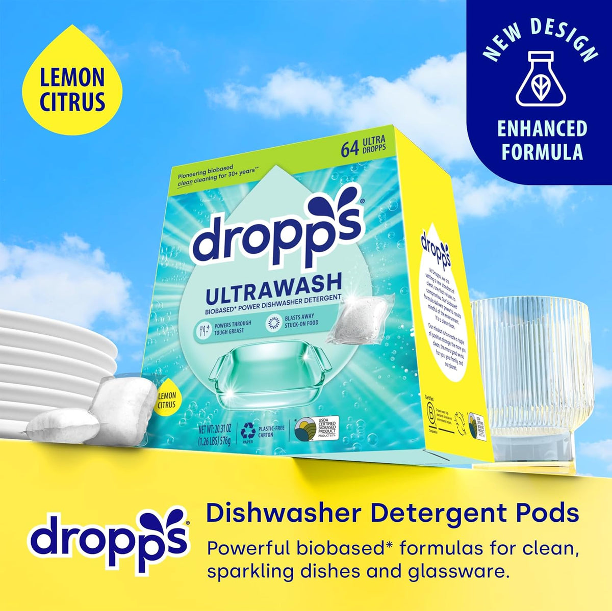 Dropps UltraWash Dishwasher Pods, Lemon Citrus (64 Count) - Biobased Power Deep Clean Dishwasher