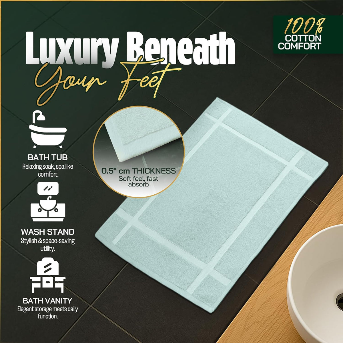 Pearl Linens Pack of 2 100% Cotton Bath Mat 18x25 inches, Soft & Absorbent Quick Dry Bathroom Mat