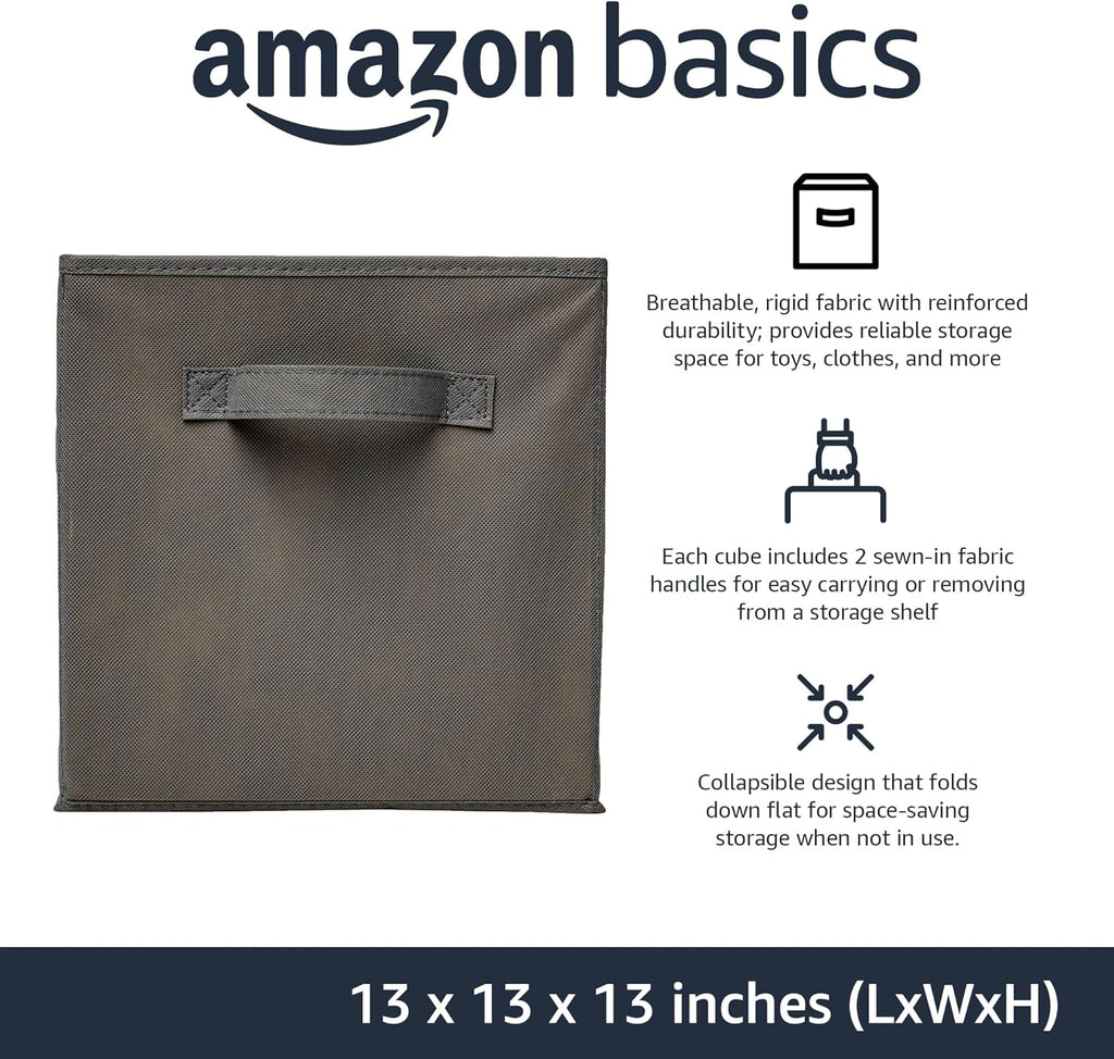 Amazon Basics Collapsible Fabric Storage Cube Bins Organizer with Handles, Sturdy, Gray