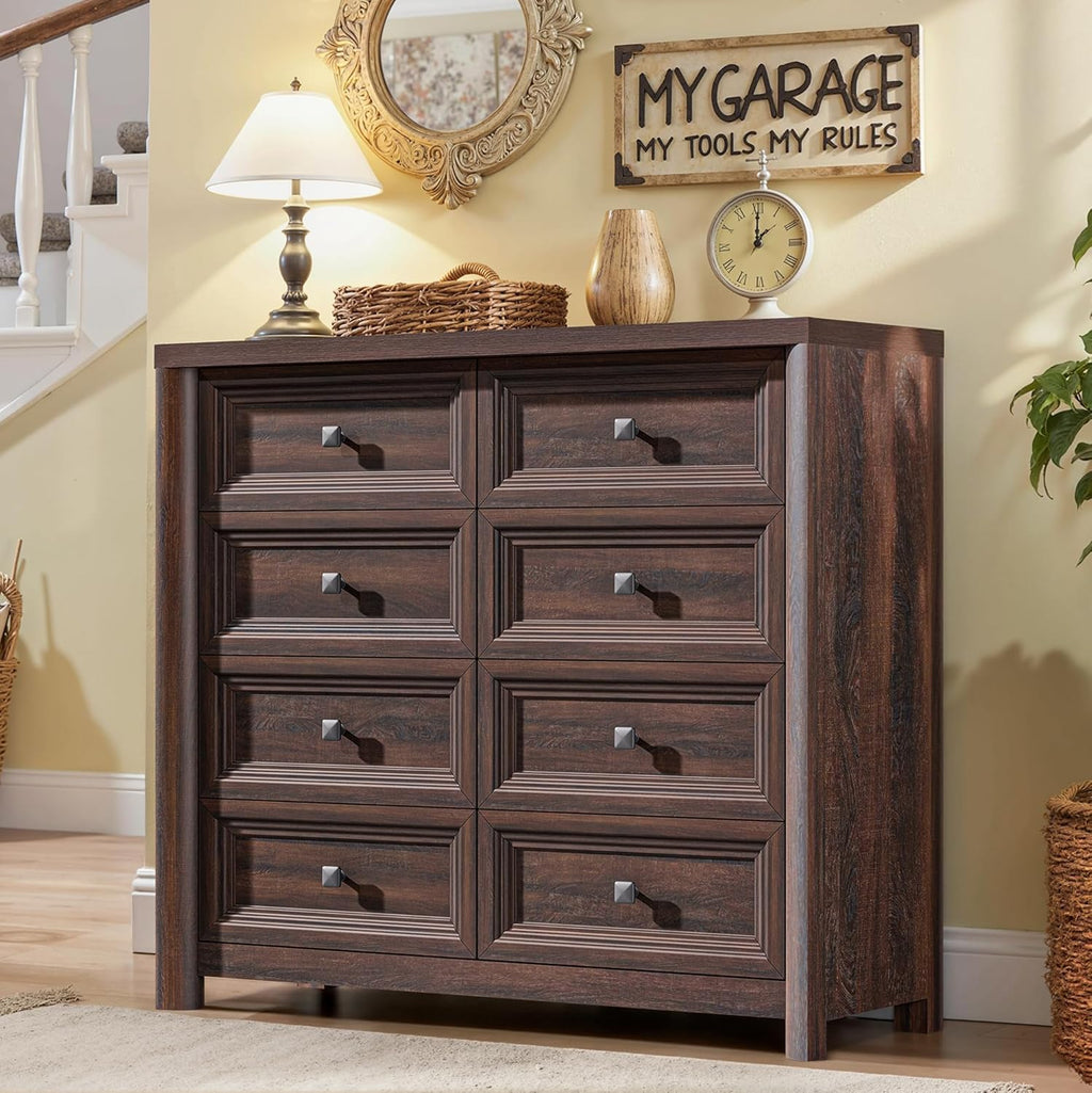 Farmhouse 8 Drawer Dresser for Bedroom, 41" Tall Wood Chest of Drawers, 43.3" Wide Dresser TV
