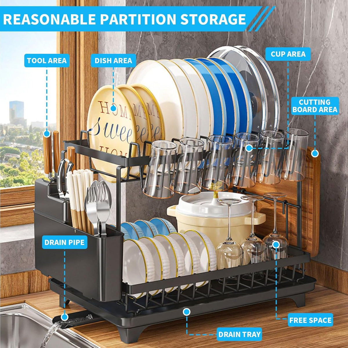 Dishes Drying Rack, 2-Tier Tableware Drying Rack with Draining Board, Space-Saving Design, Suitable
