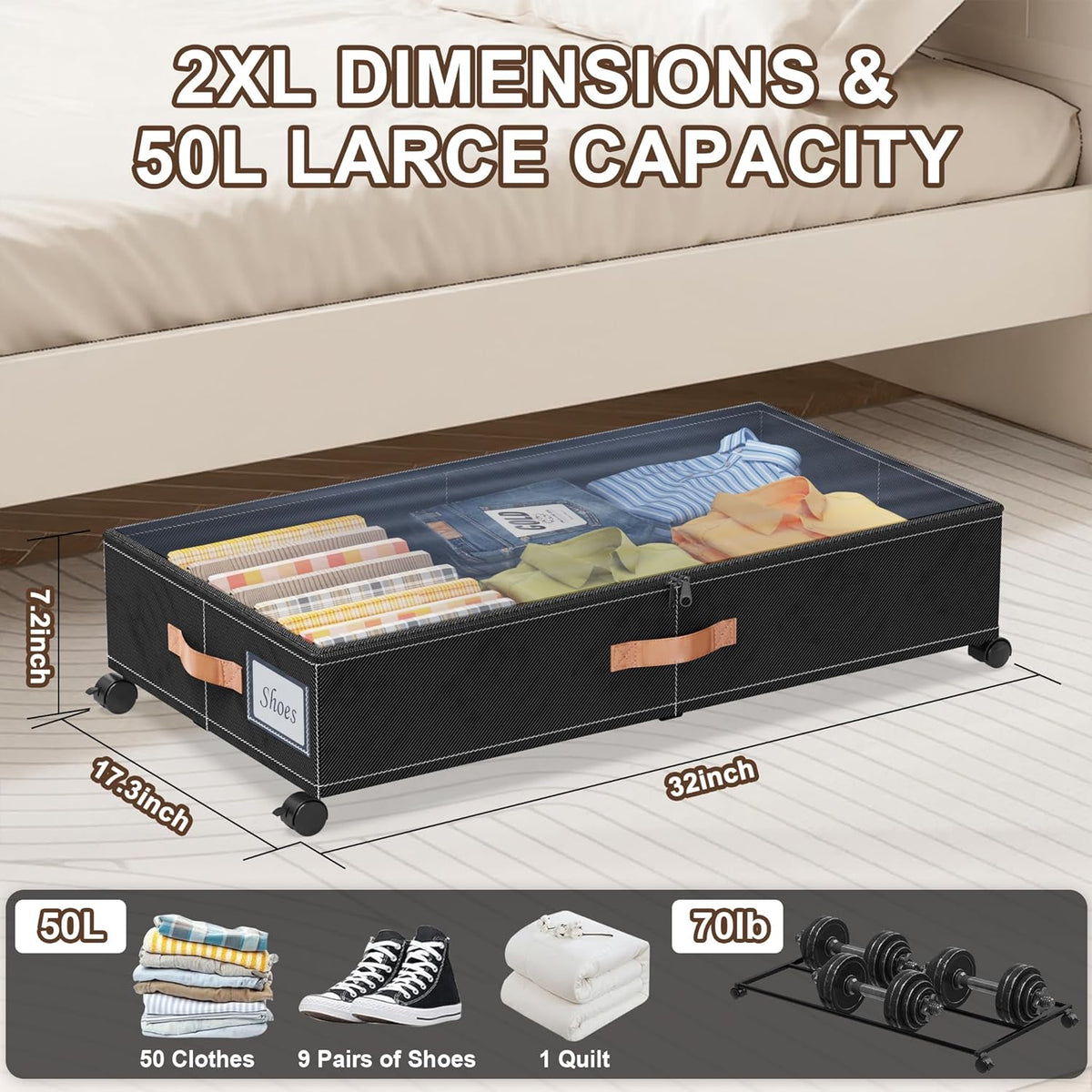 Under Bed Storage with Wheels, 2-Pack Under Bed Storage Containers with Clear Lids, XXL 65L Under