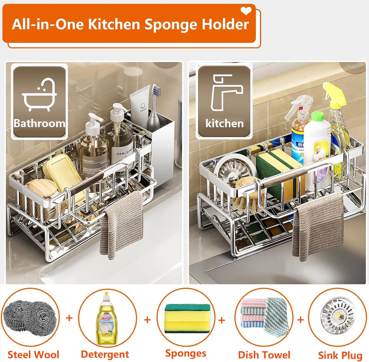 Sponge Holder for Kitchen Sink, Sink Caddy Organizers Stainless Steel,30°Tilt Self-Drainage,Sponge
