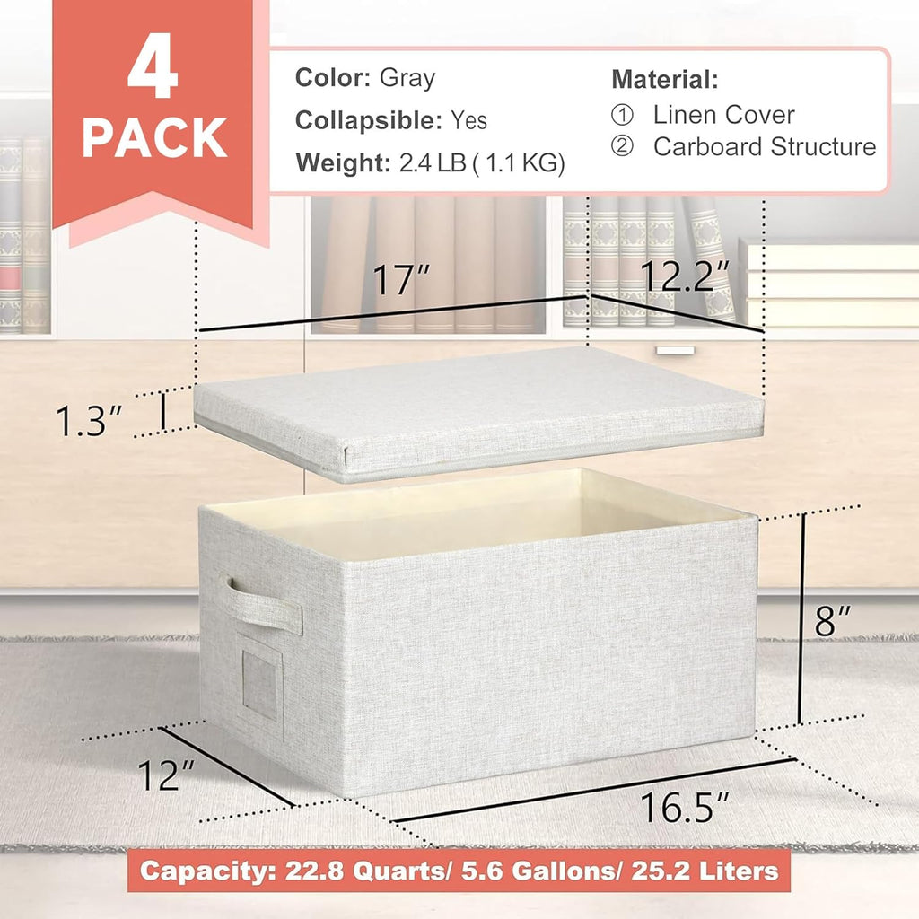 Large 17''x12'' Quart Collapsible Stackable Storage Bins with Lids, 4 Packs Off White Fabric Closet