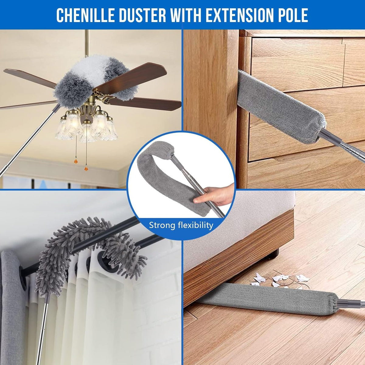 Microfiber Feather Duster 5-in-1 Kit for Dusting and Cleaning – 30–100" Extension Pole, Anti-Slip