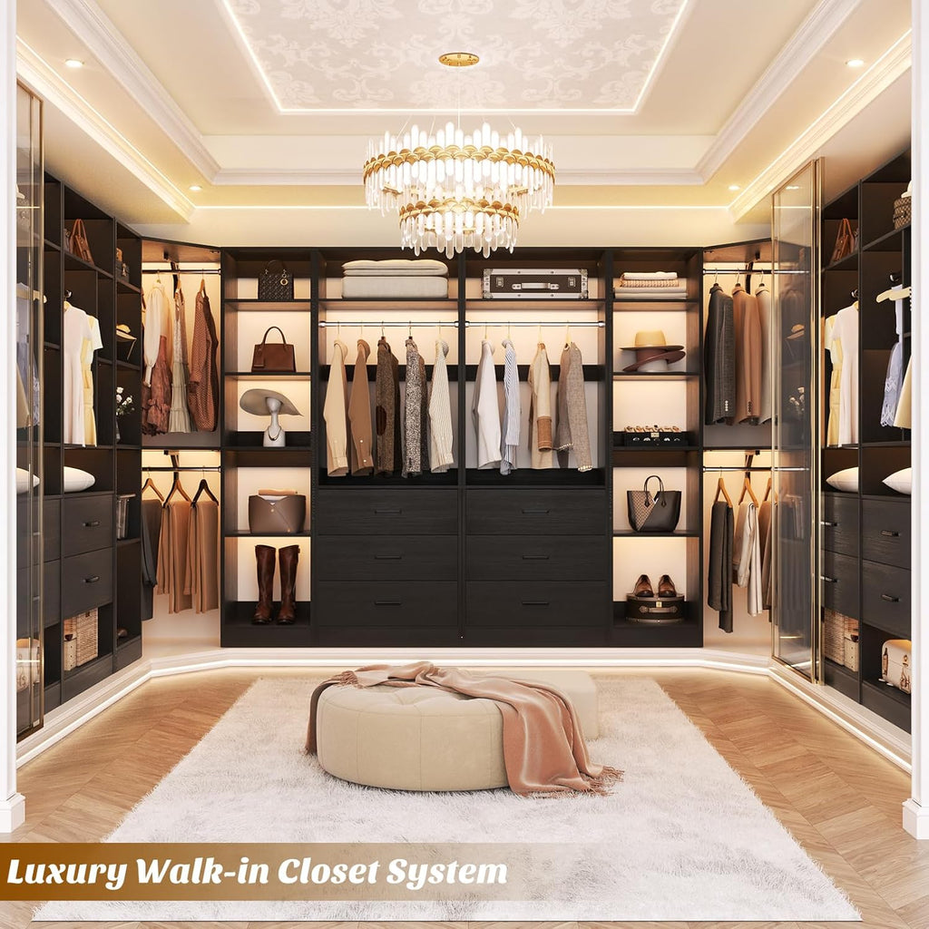 Corner Closet System with 3 Drawers, Corner Closet Organizer System with 13 Shelves & 3 Hanging