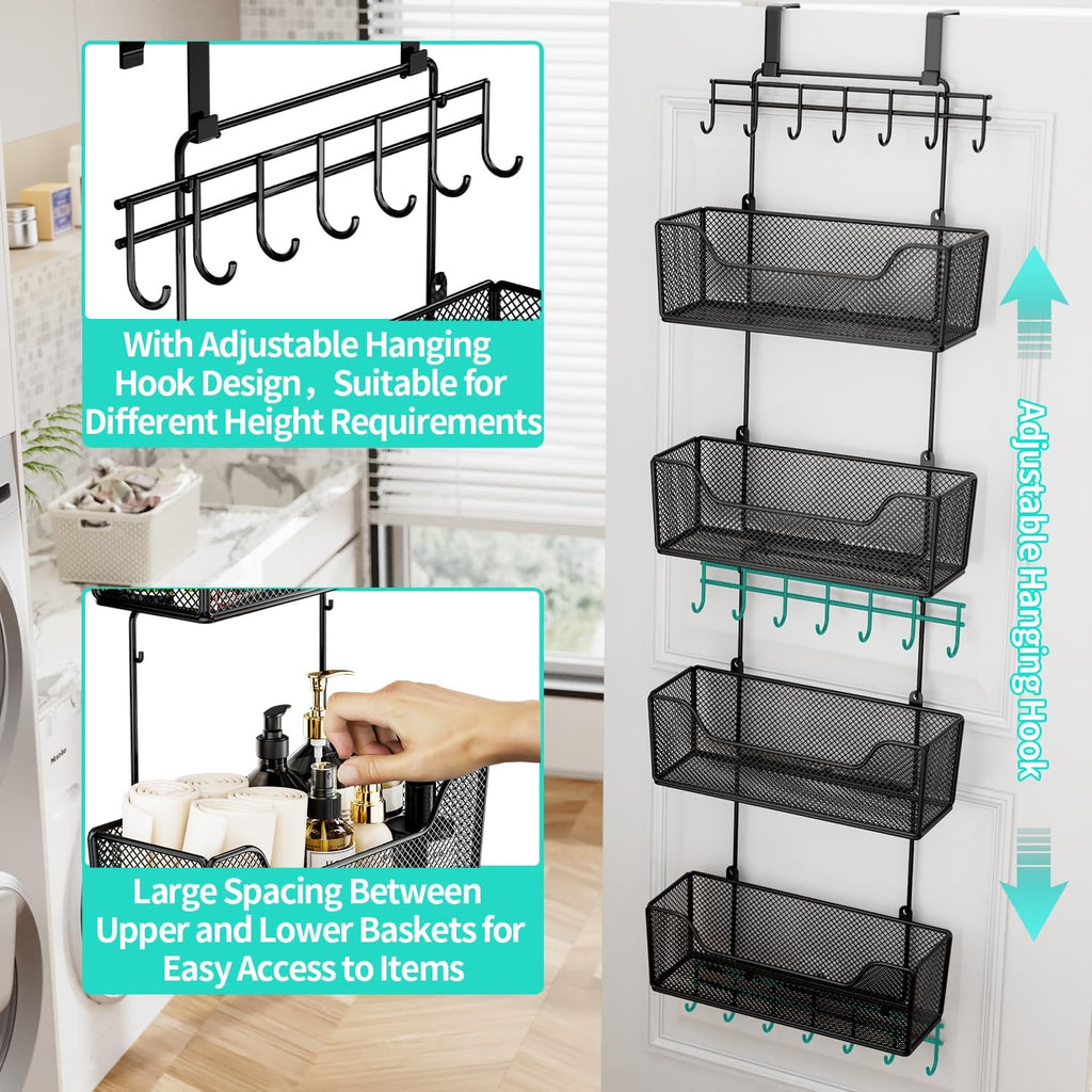 HapiRm Over The Door Organizer - Hanging Door Organizer with 4 Metal Large Capacity Baskets and