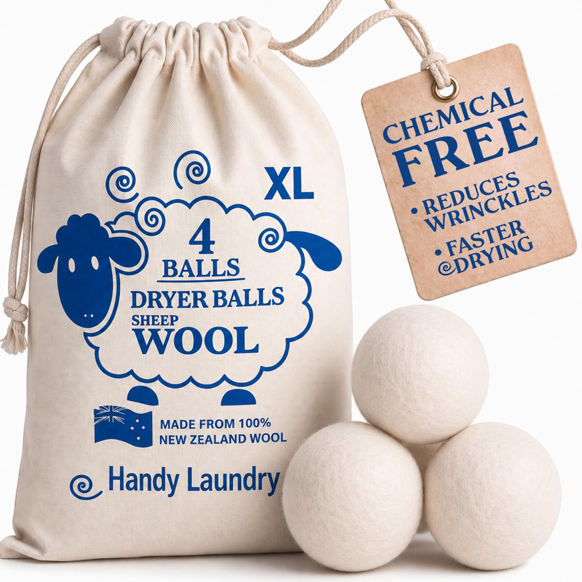 Handy Laundry Wool Dryer Balls 4-Pack, Reusable Natural Fabric Softener