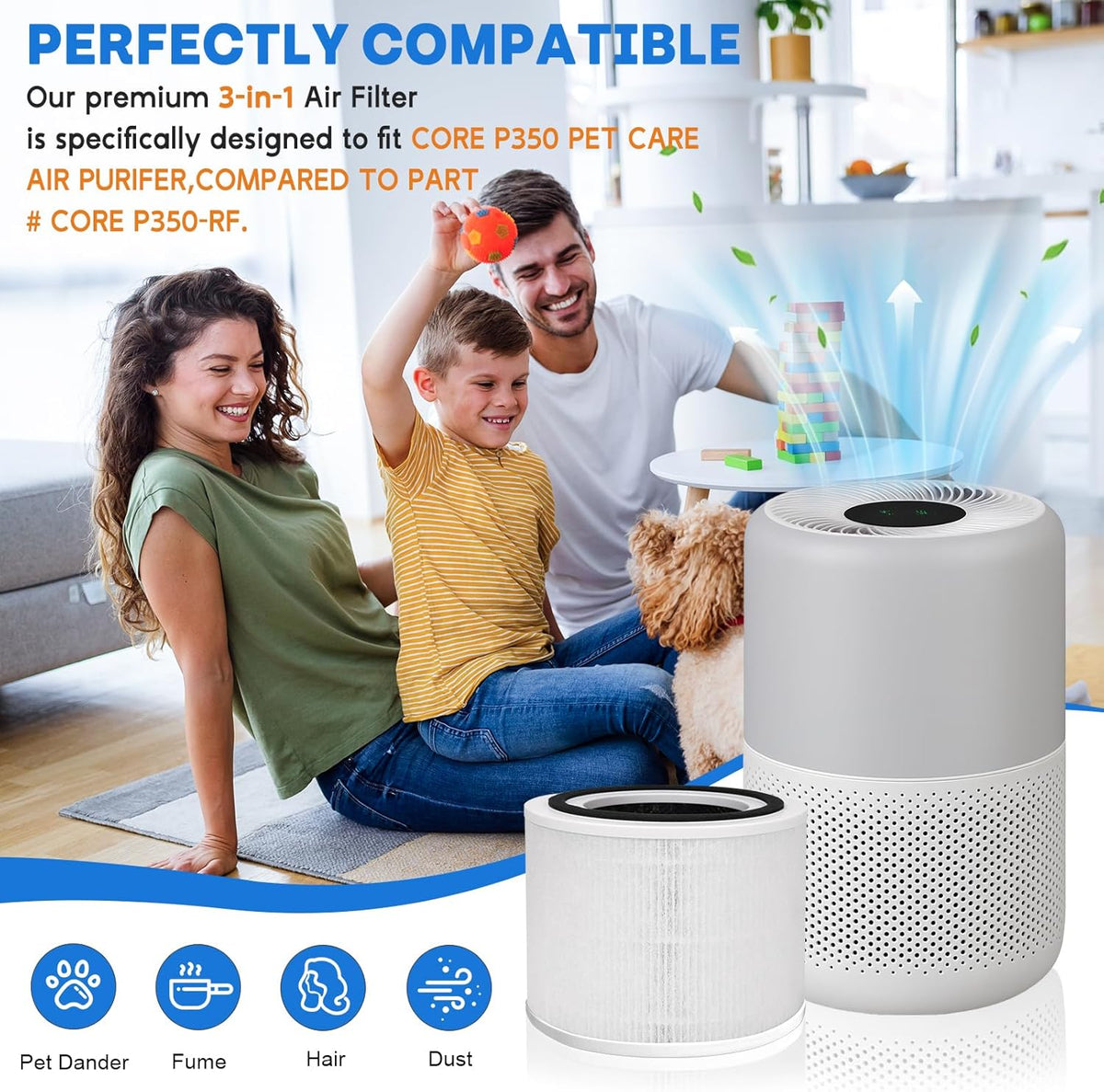 Core P350 Pet Care Air Filter Replacement for Air Purifier, 3-in-1 H13 True Replacement Filter