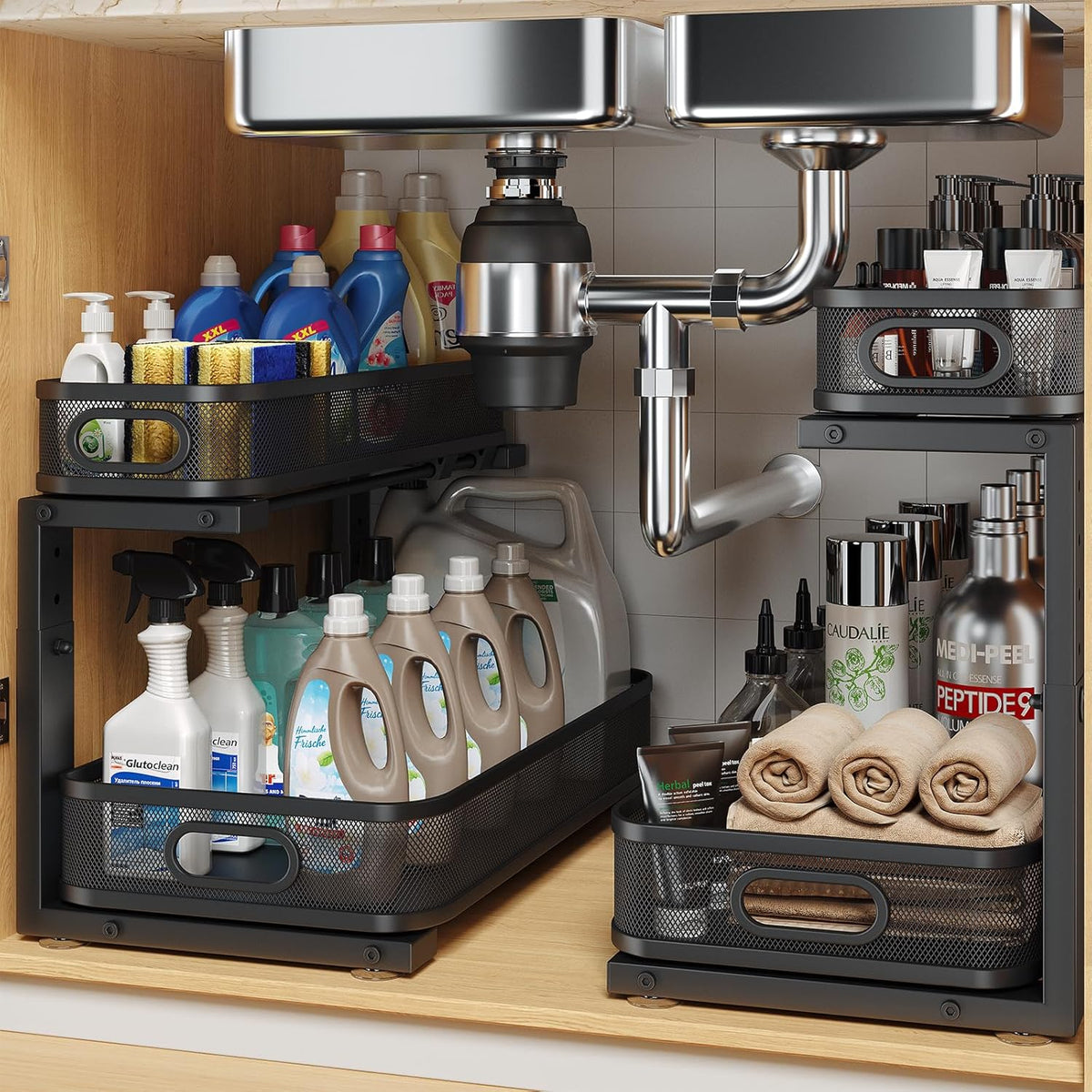 2 Pack 17.3IN-Depth Under Sink Organizer with Smooth Cylindrical Rail,2-Tier Pull Out Multi-Purpose