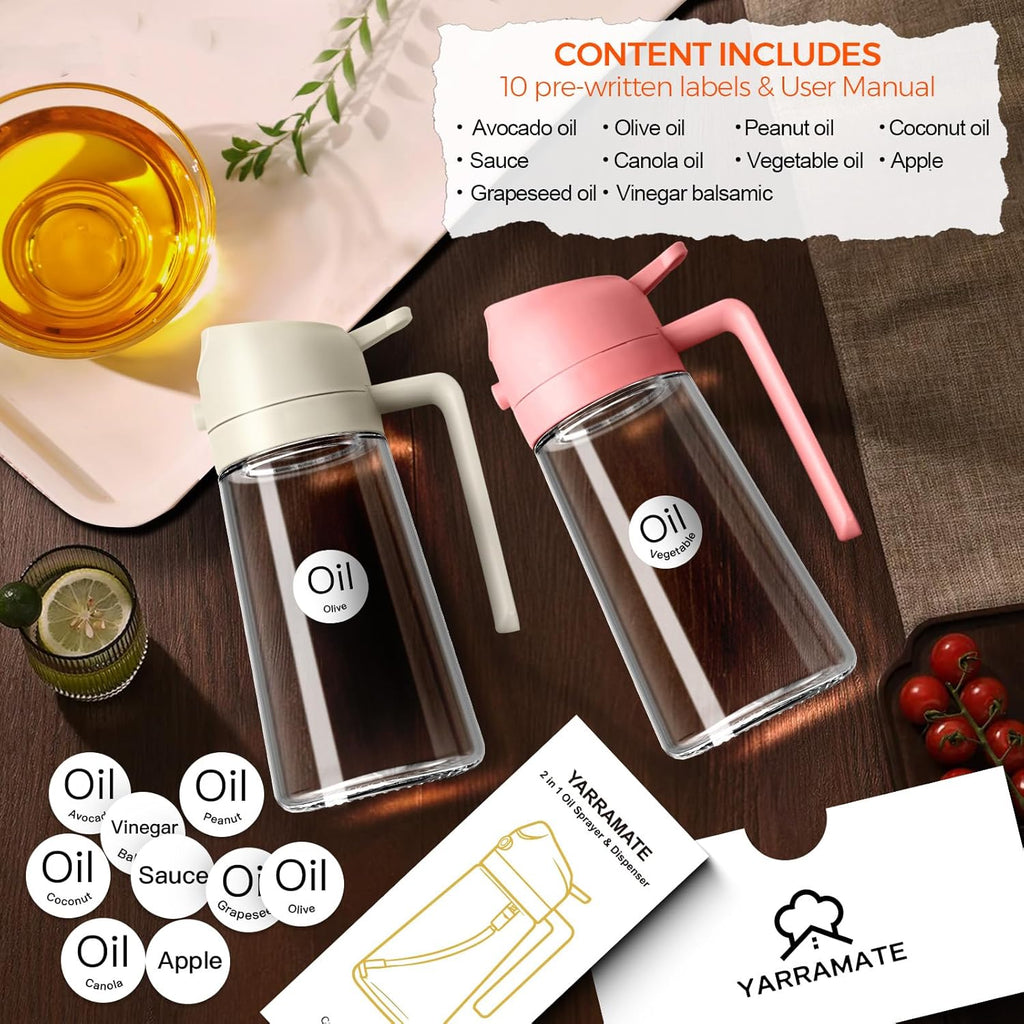 YARRAMATE 2Pcs 16oz/470ml 2 in 1 Oil Sprayer for Cooking with Stickers, Food-grade Glass Oil Spray