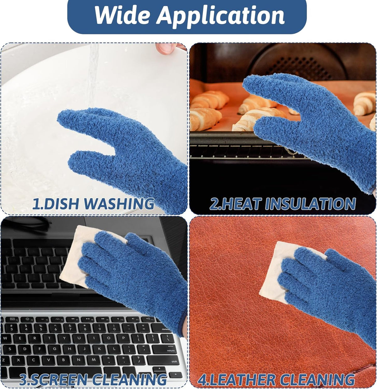 2 Pairs Microfiber Plant Dusting Gloves, Water Blue & Dark Blue Kitchen Indoor Gloves Reusable