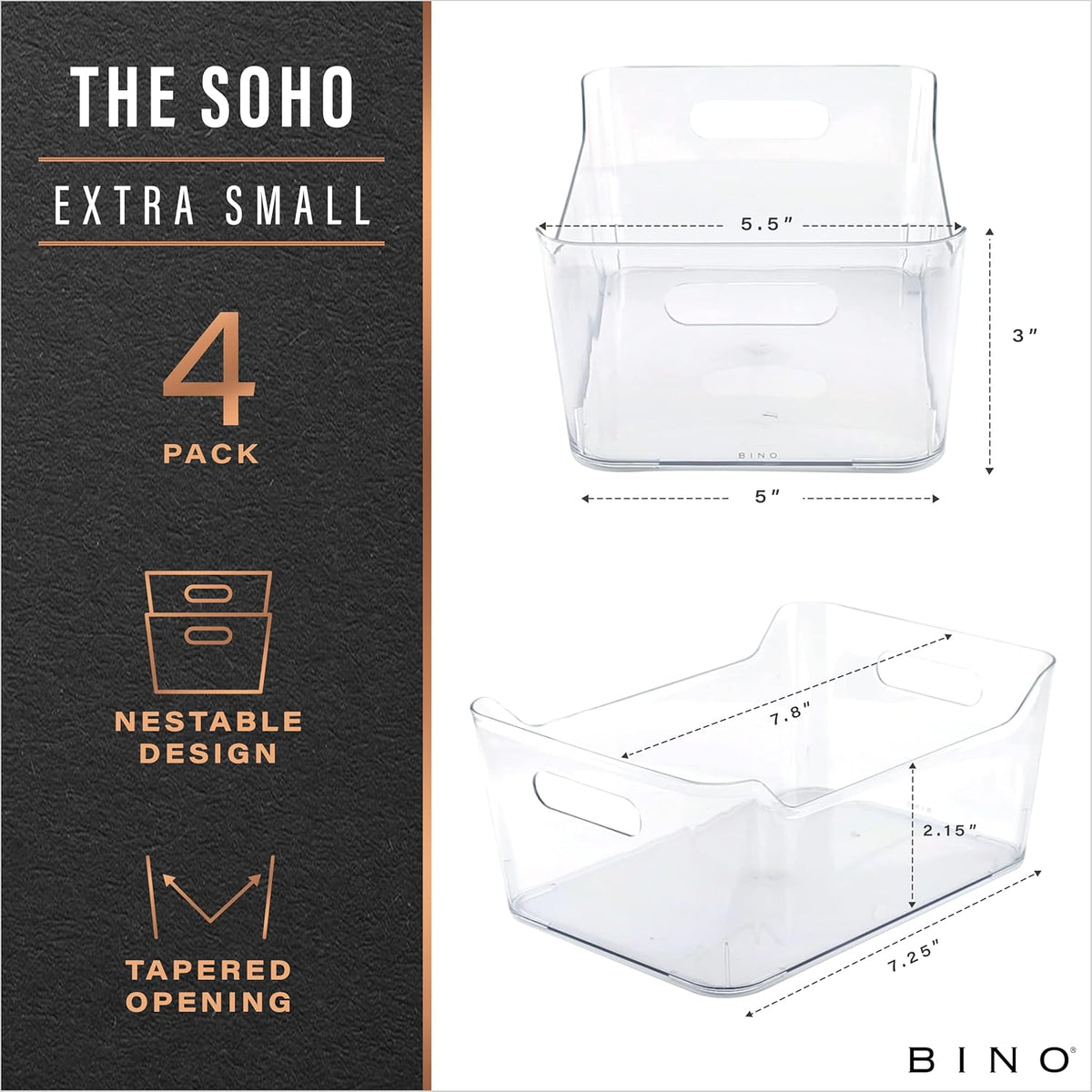 BINO | Plastic Organizer Bins, X-Small - 4 Pack | THE SOHO COLLECTION | Multi-Use Organizer Bins |