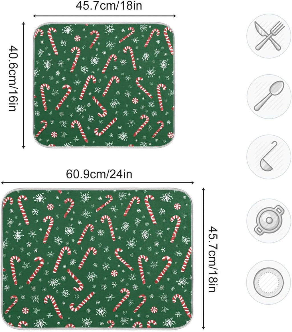 Christmas Candy Cane Dish Drying Mat for Kitchen Countertop 18x24 Winter Snowflake Green Xmas Large