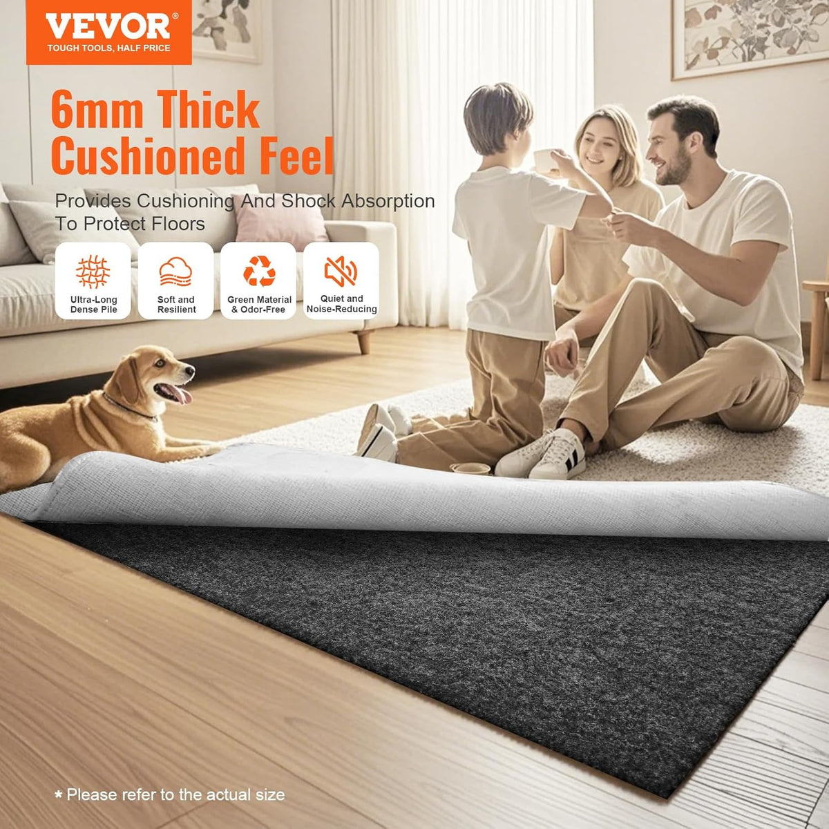 VEVOR - Slip-Resistant Rug Pad - Protective Cushioning Carpet Pad - 8' x 10' - 1/4" Thick - Dual
