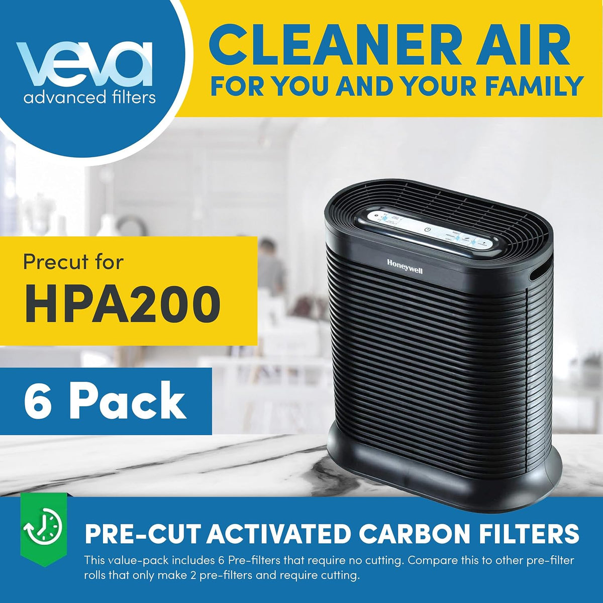 VEVA Air Purifier Filter Replacements - 6 Pack Precut & Compatible with Honey-well HPA200 Purifiers