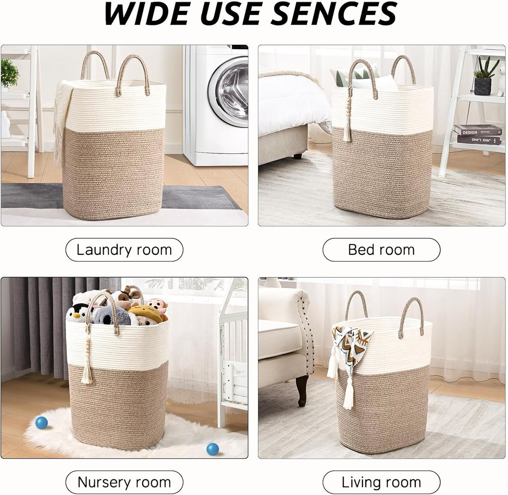 Woven Laundry Basket for Clothes, 80L Large Rectangle Laundry Hampers with Beads Tassel, Nursery