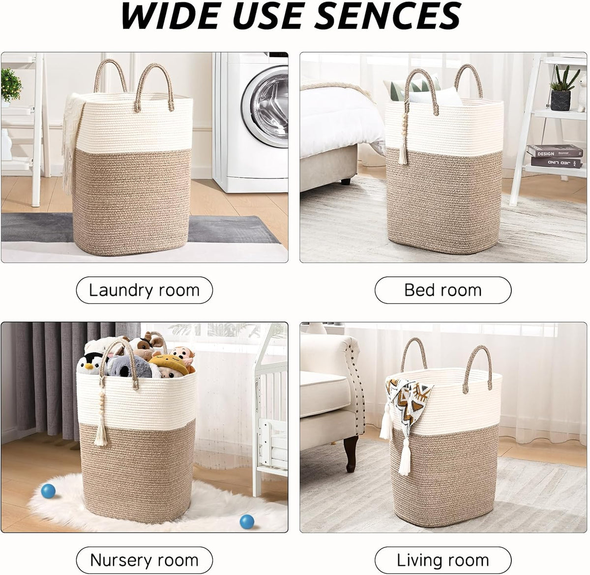 Woven Laundry Basket for Clothes, 80L Large Rectangle Laundry Hampers with Beads Tassel, Nursery